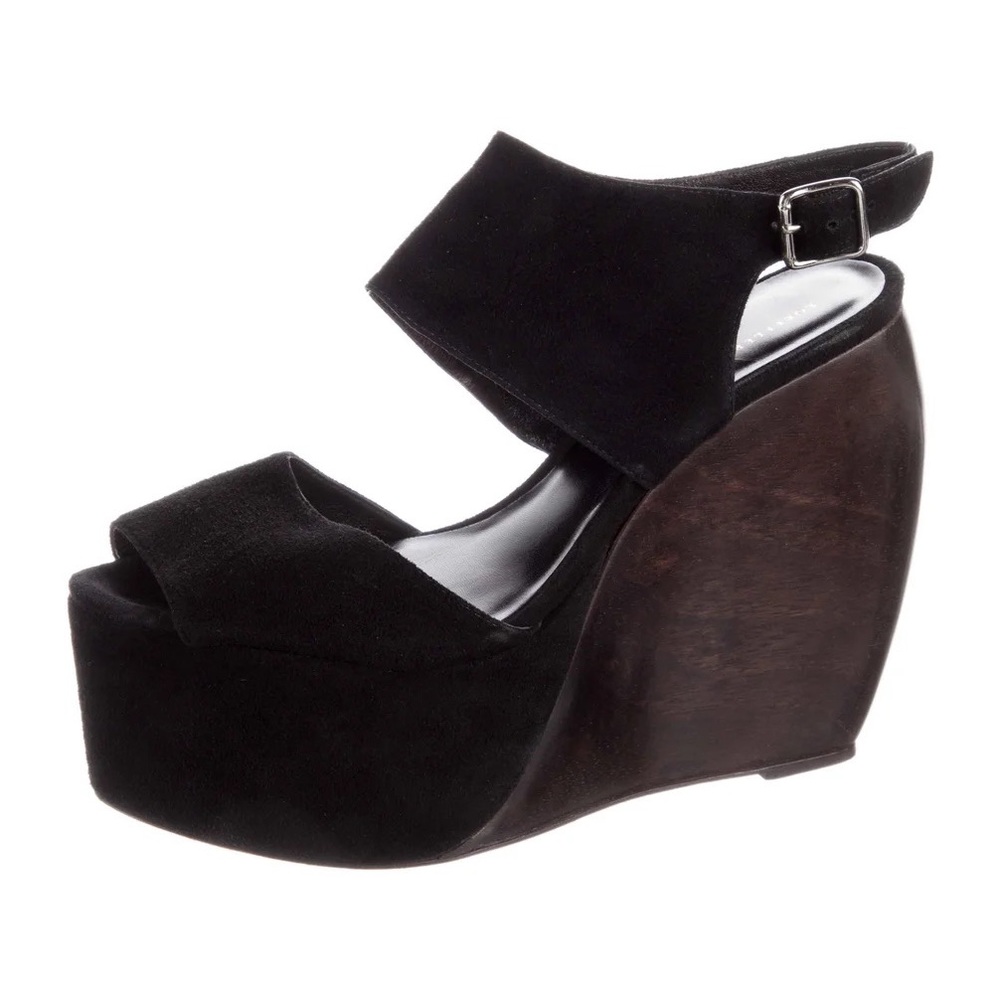SOLD Loeffler Randall x Suno Black Suede Wedge Sandals Wooden Heel Leather